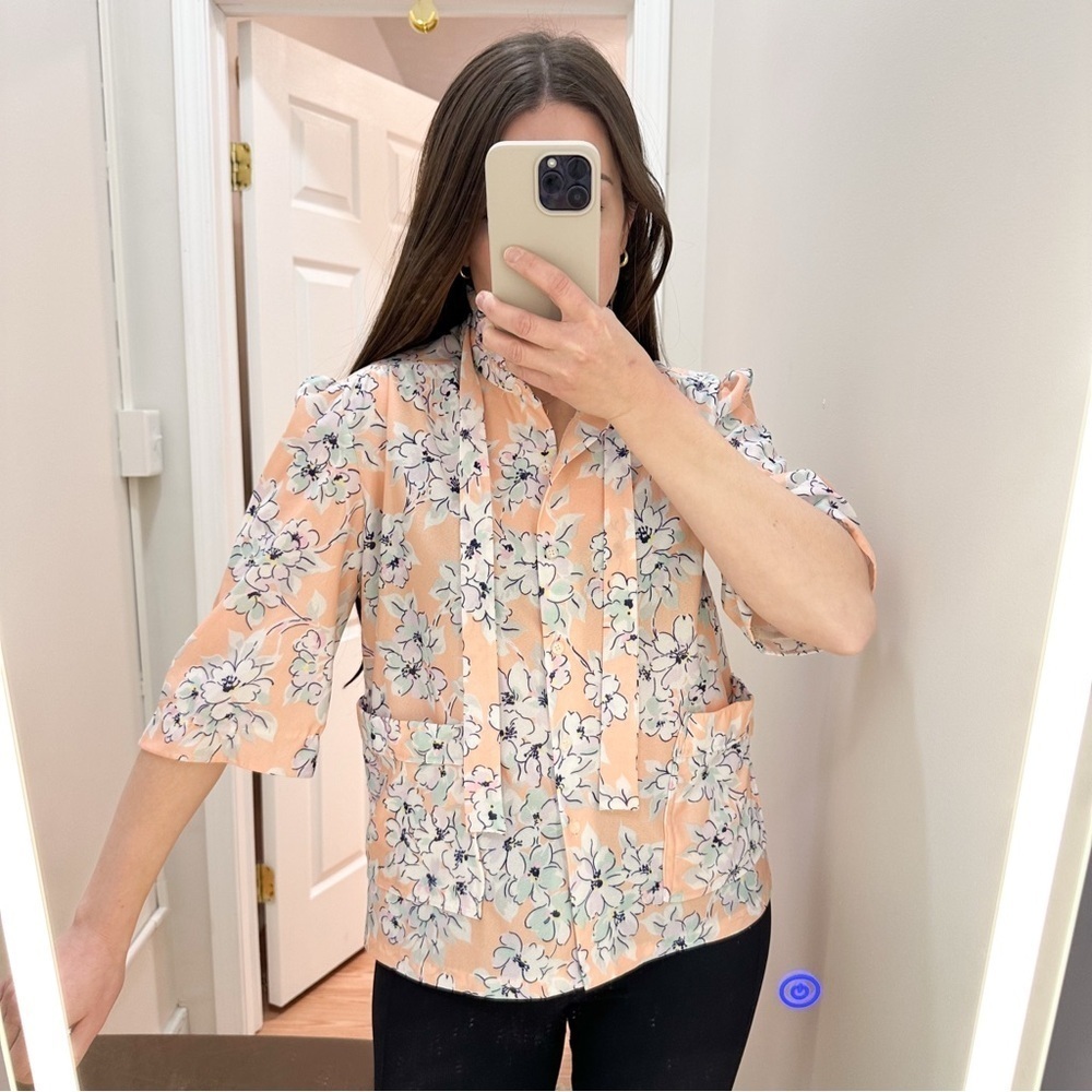 Cape Cod Match Mates Vintage Floral Ruffle Tie Collar Button Up Short Sleeve Top - Picture 2 of 8